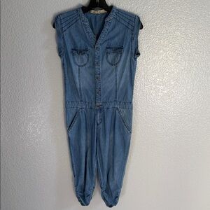 Cache Cache Blue Denim Western Style Ruched Leg Cropped Jumpsuit Size Small